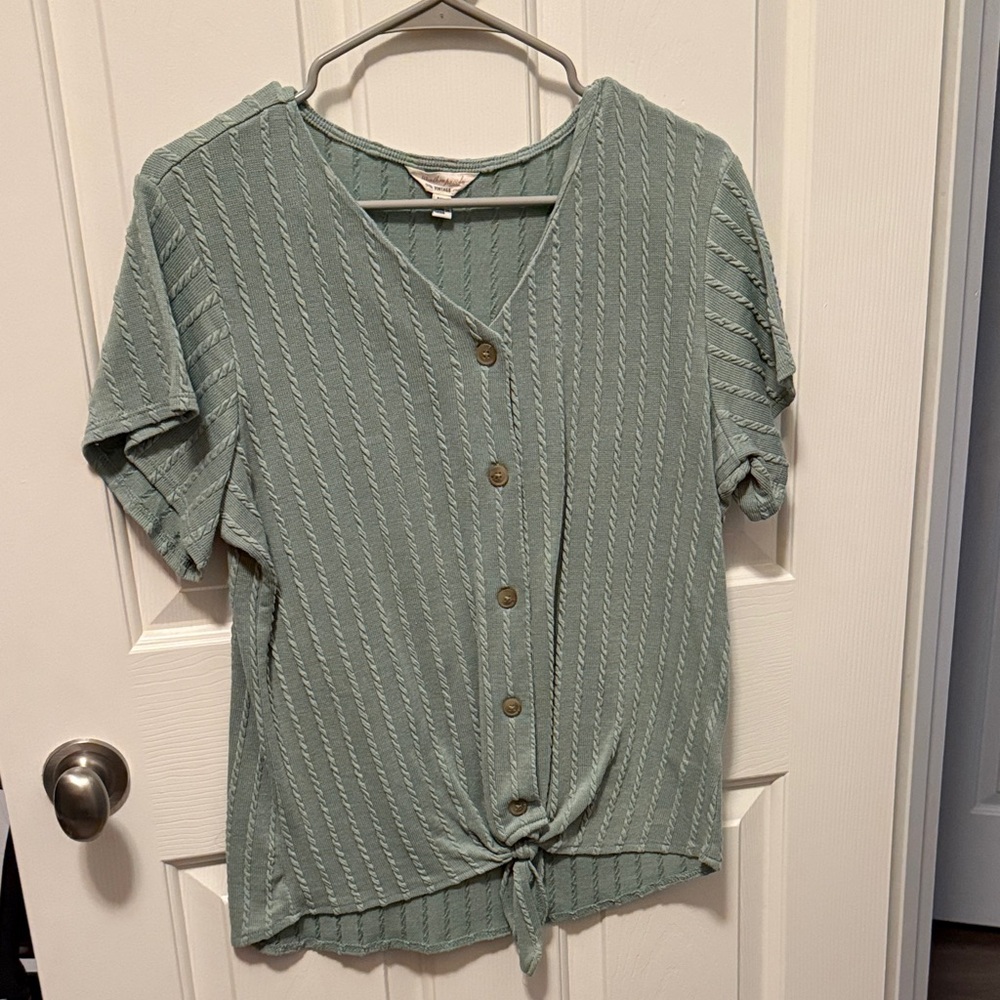 Vintage Sage Button-Down Shirt with Tie Front